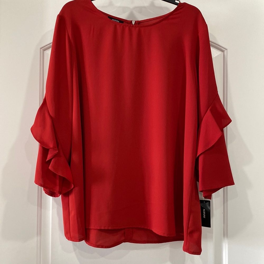 Red Rust Ruffle Sleeve Blouse